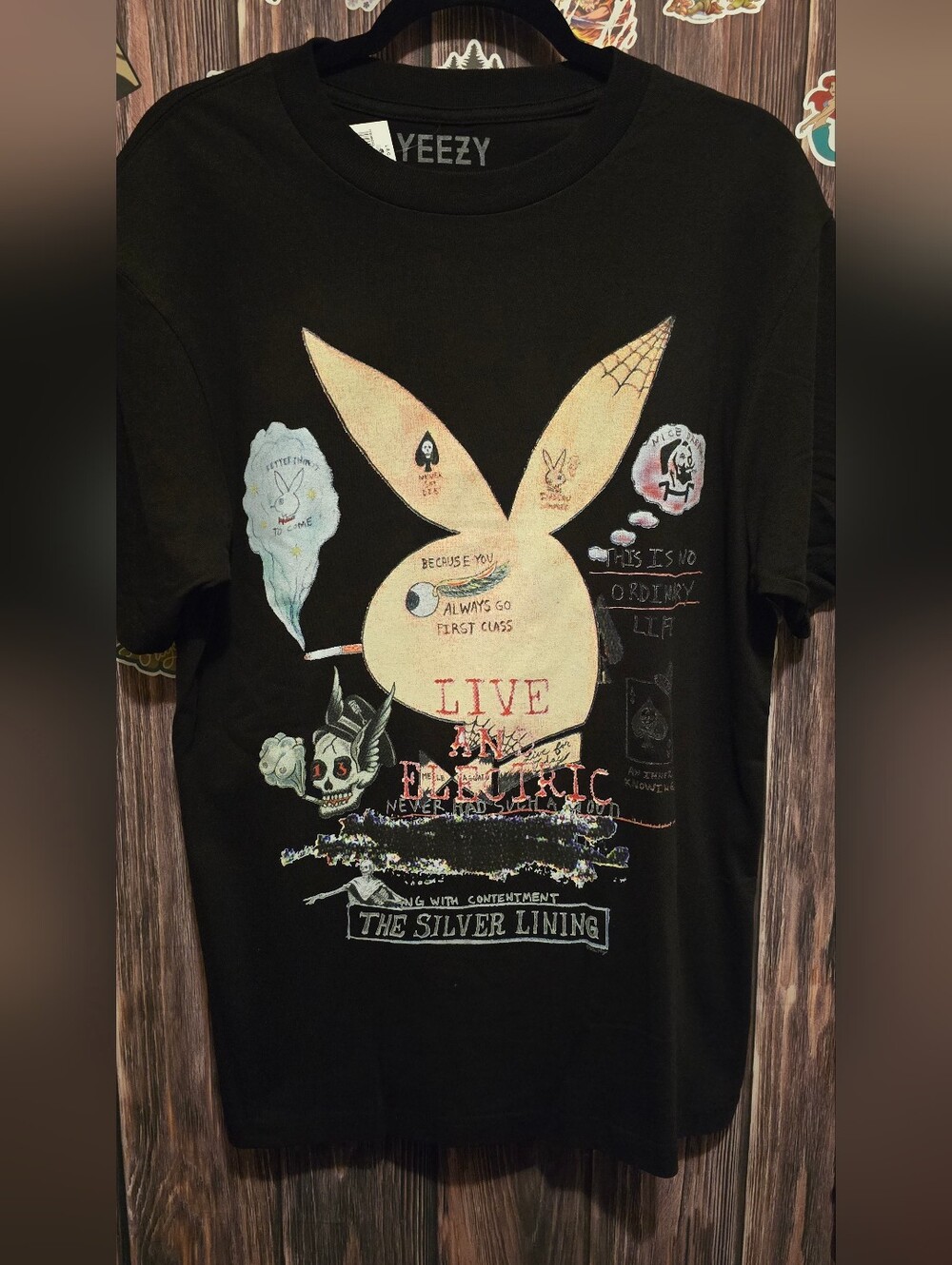 Yeezy Black Graphic Tee with Cream Bunny and Multicolor Accents